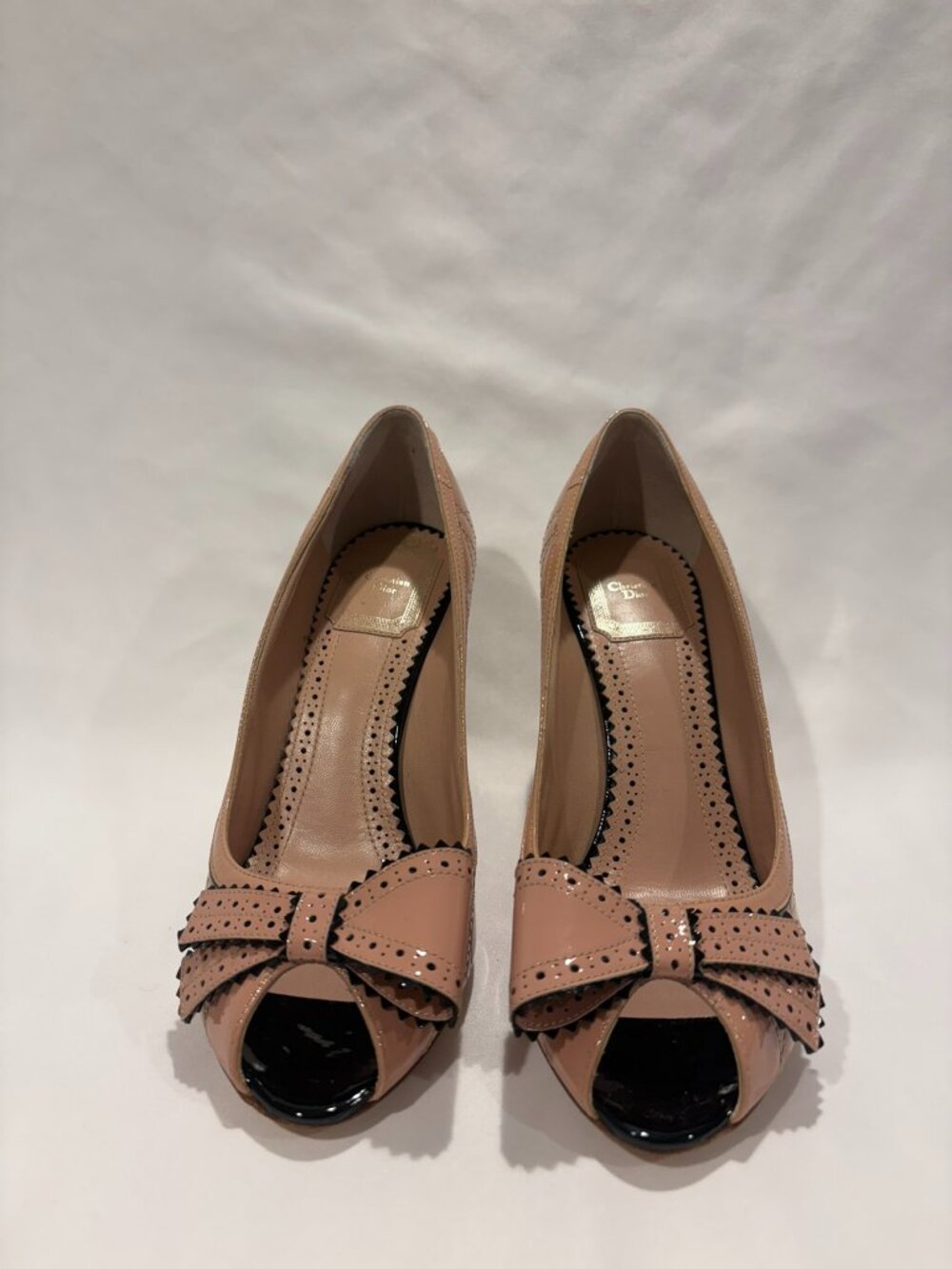 Christian Dior Patent Leather Quilted Heels Rose Cannage Peep Toe Bow2  37.5